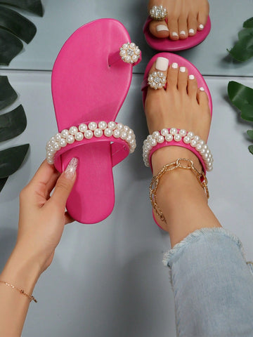 Faux Pearl Decor Flat Sandals shein