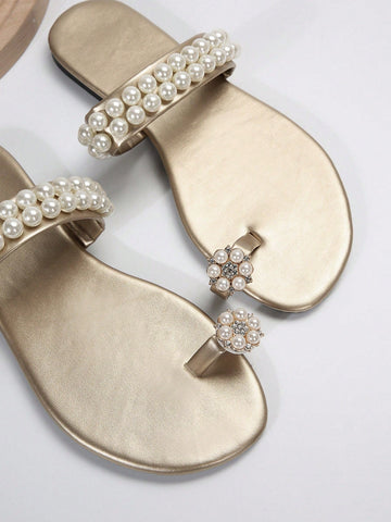 Faux Pearl Decor Flat Sandals shein