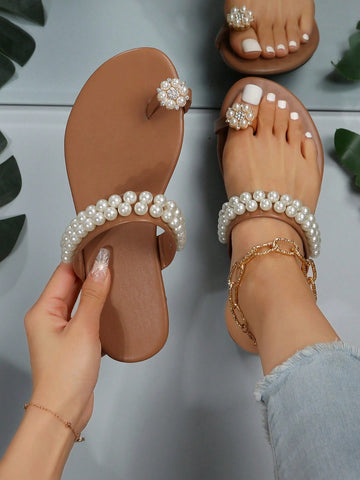 Faux Pearl Decor Flat Sandals shein