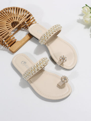 Faux Pearl Decor Flat Sandals shein