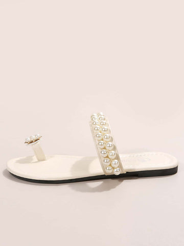 Faux Pearl Decor Flat Sandals shein