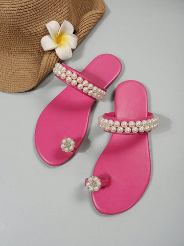 Faux Pearl Decor Flat Sandals shein