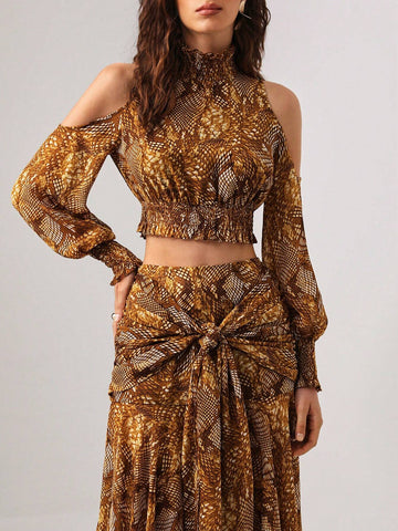 Fleur Di Lis by Marina Pereira Snakeskin Print Cold Shoulder Crop Top & Knot Front Asymmetrical Hem Skirt Shein