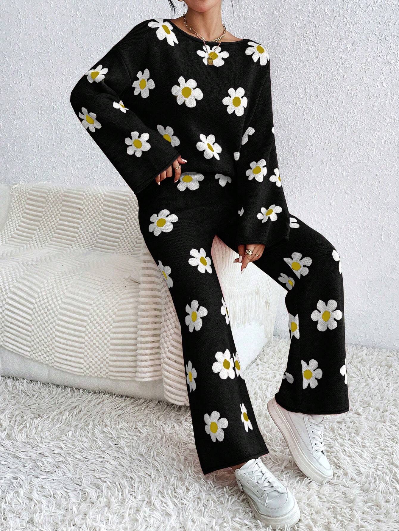 Flower Pattern Round Neck Sweater And Knitted Wide Leg Pants Shein