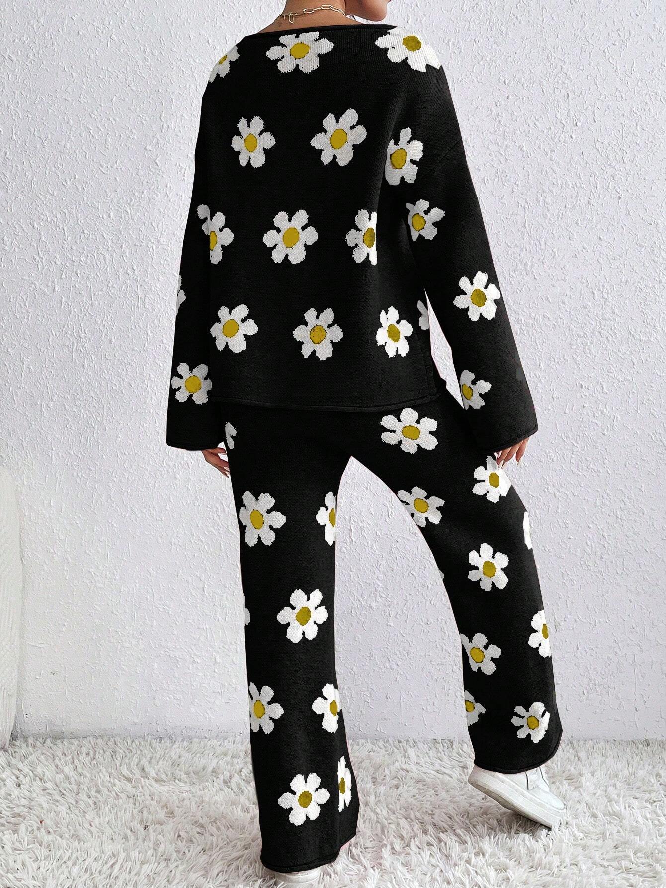 Flower Pattern Round Neck Sweater And Knitted Wide Leg Pants Shein