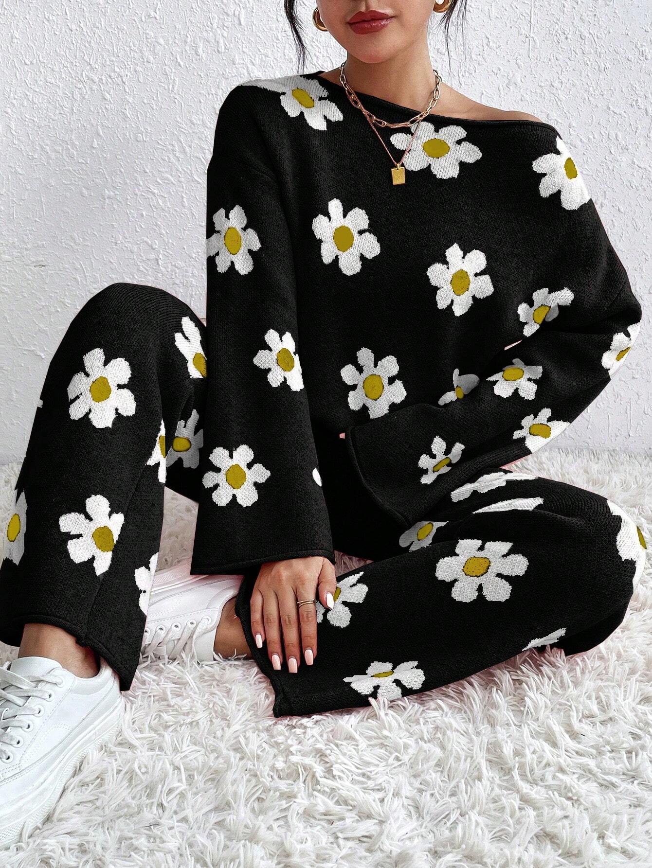 Flower Pattern Round Neck Sweater And Knitted Wide Leg Pants Shein