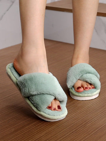 Fluffy Cross Strap Bedroom Slippers Shein