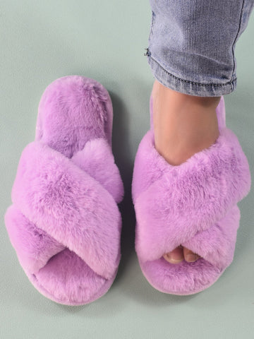 Fluffy Cross Strap Bedroom Slippers Shein