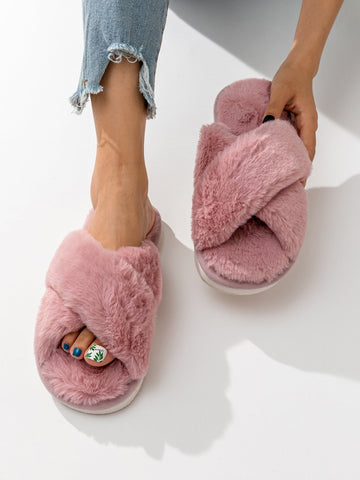 Fluffy Cross Strap Bedroom Slippers Shein