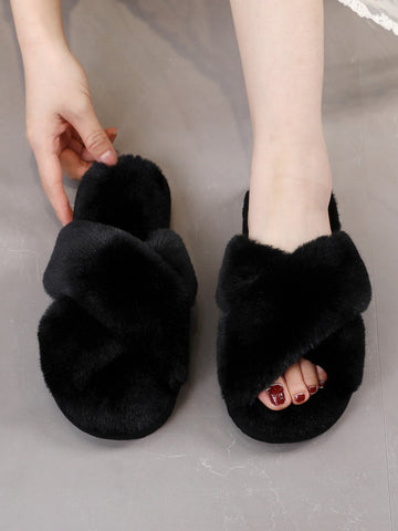 Fluffy Cross Strap Bedroom Slippers Shein