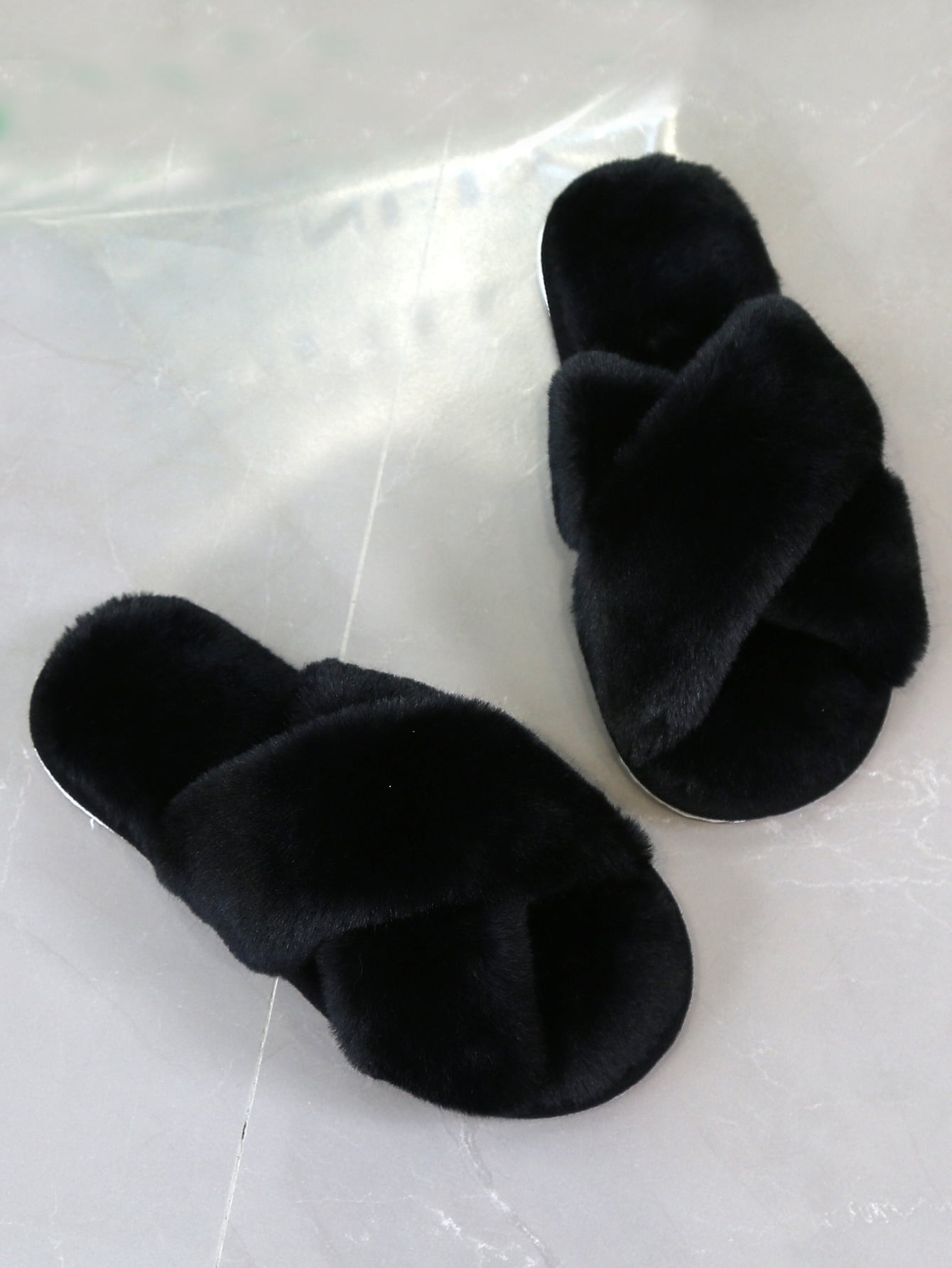 Fluffy Cross Strap Bedroom Slippers Shein