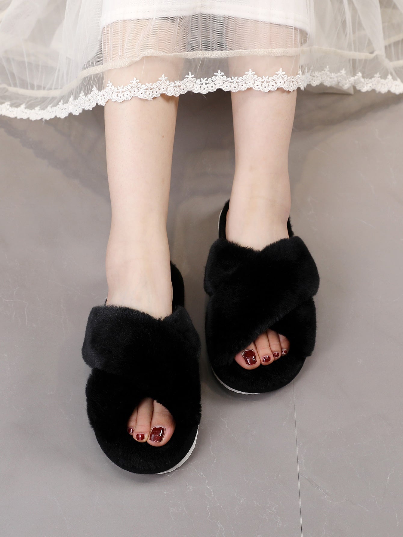 Fluffy Cross Strap Bedroom Slippers Shein