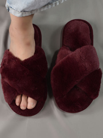 Fluffy Cross Strap Bedroom Slippers Shein