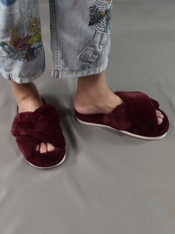 Fluffy Cross Strap Bedroom Slippers Shein