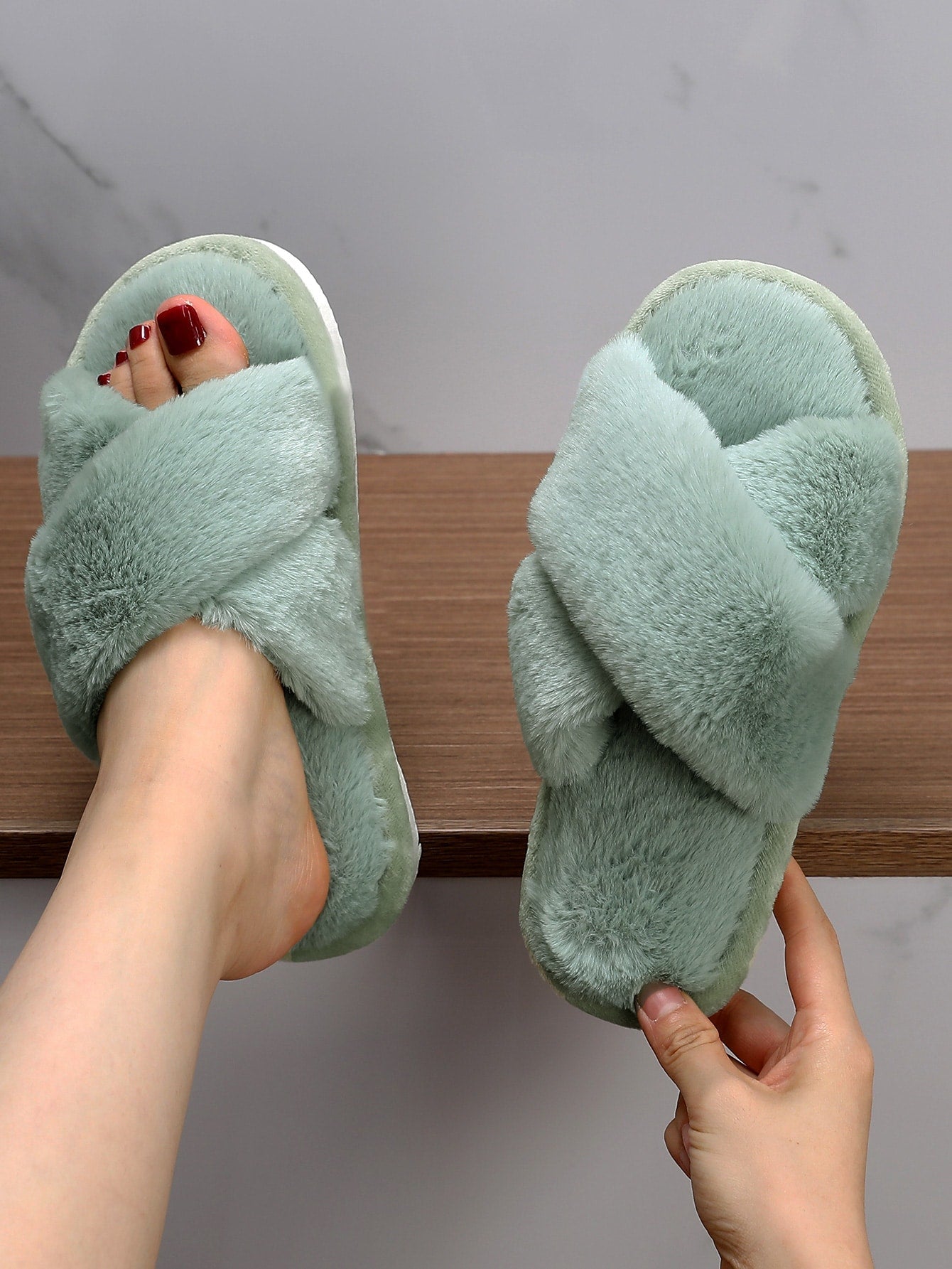 Fluffy Cross Strap Bedroom Slippers Shein