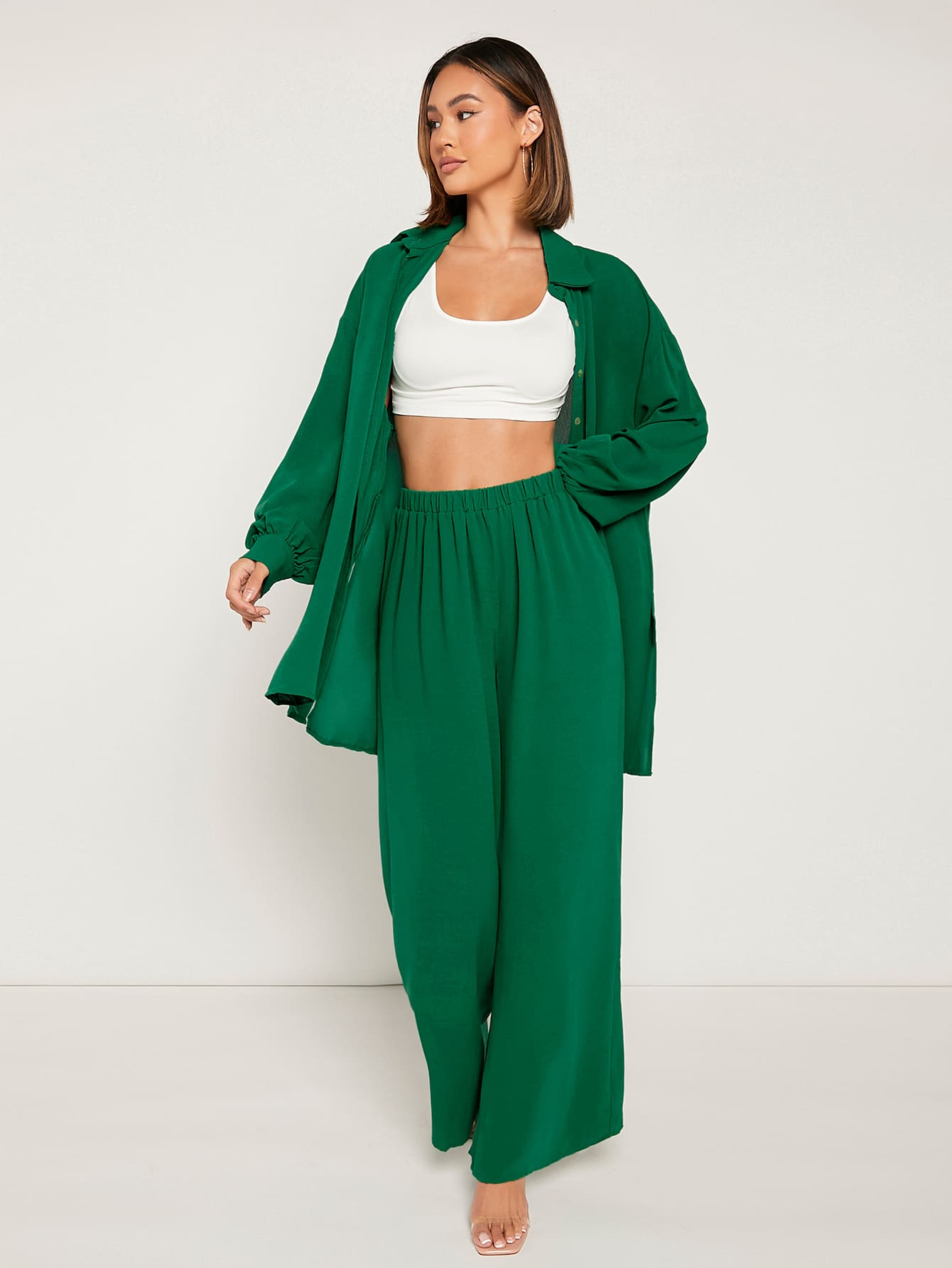 Frenchy Drop Shoulder Button Front Blouse & Wide Leg Pants Shein