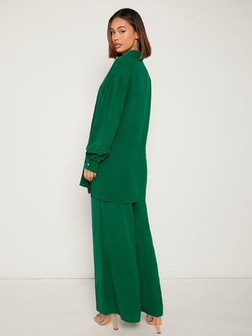 Frenchy Drop Shoulder Button Front Blouse & Wide Leg Pants Shein