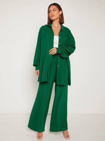 Frenchy Drop Shoulder Button Front Blouse & Wide Leg Pants Shein