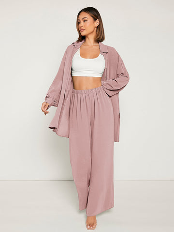 Frenchy Drop Shoulder Button Front Blouse & Wide Leg Pants Shein