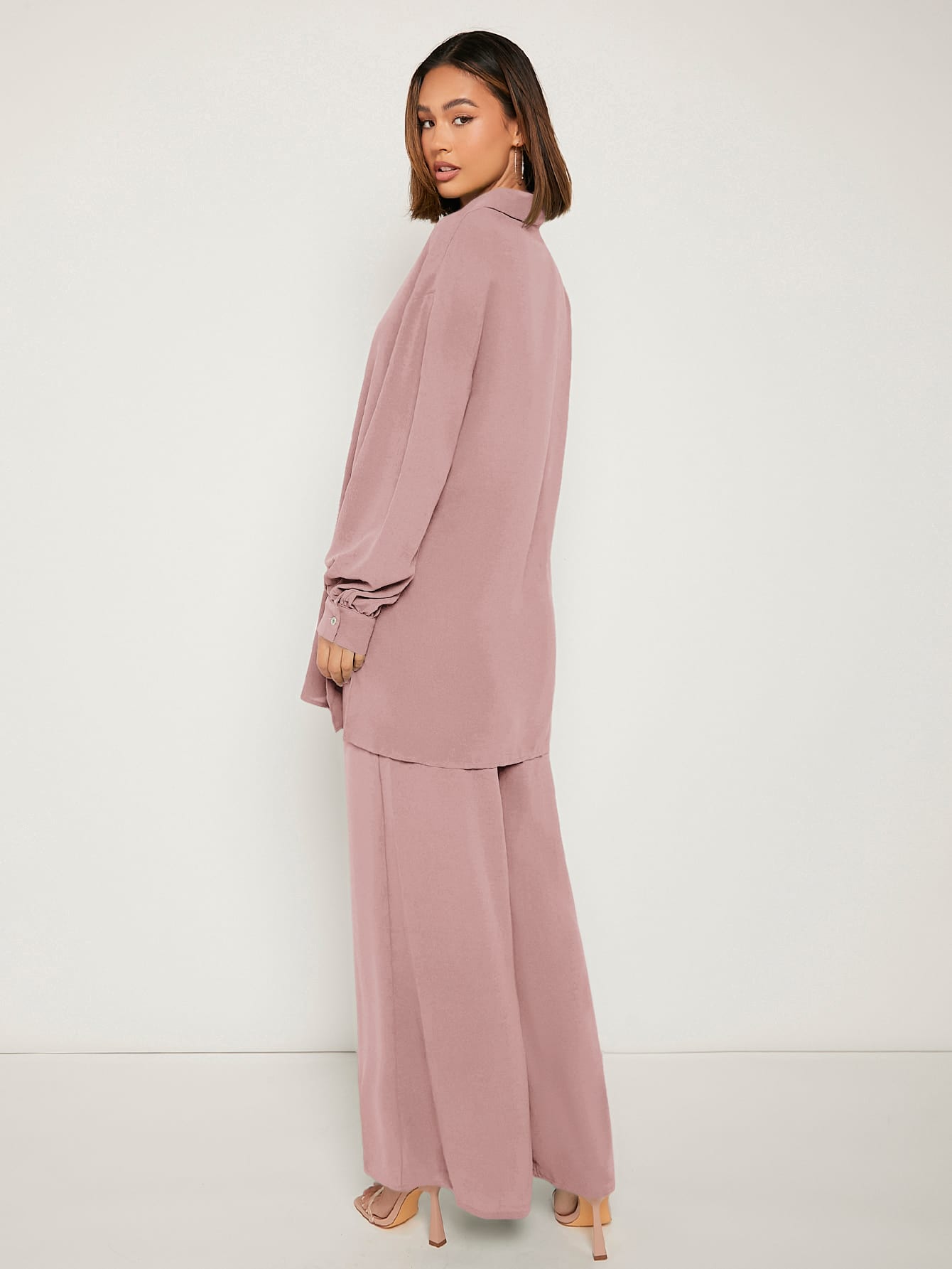 Frenchy Drop Shoulder Button Front Blouse & Wide Leg Pants Shein