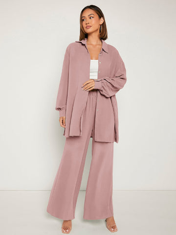 Frenchy Drop Shoulder Button Front Blouse & Wide Leg Pants Shein