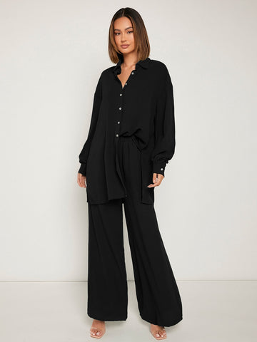 Frenchy Drop Shoulder Button Front Blouse & Wide Leg Pants Shein