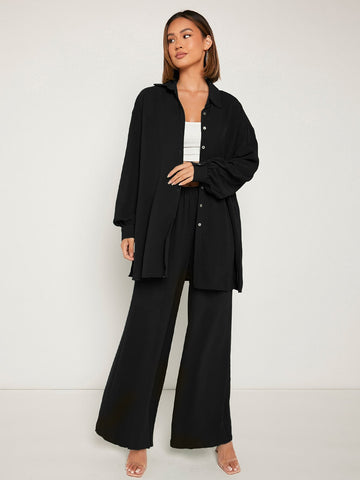 Frenchy Drop Shoulder Button Front Blouse & Wide Leg Pants Shein