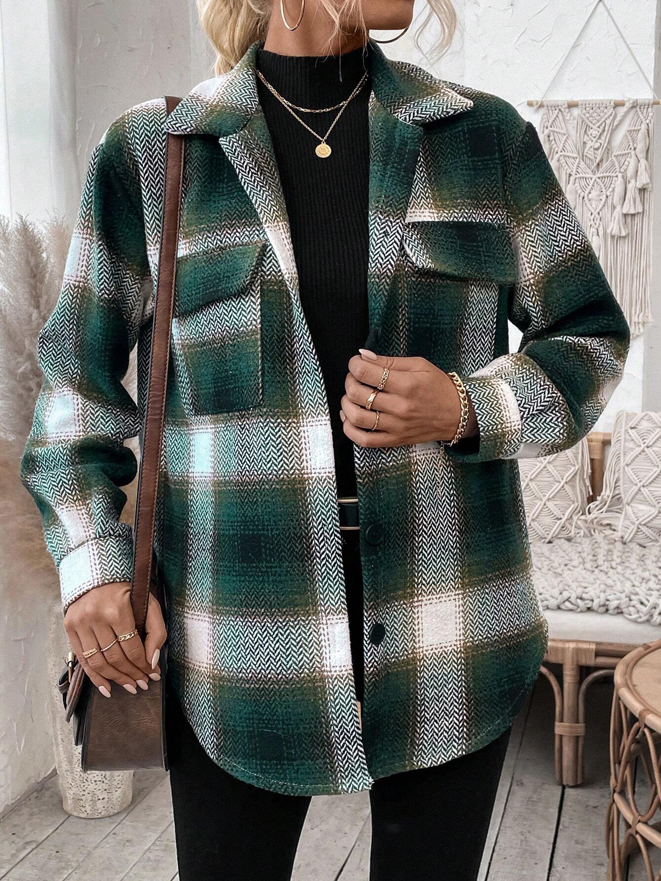 Frenchy Plaid Print Flap Pocket Overcoat Shein