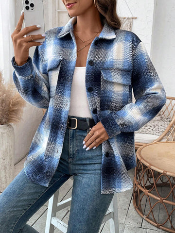 Frenchy Plaid Print Flap Pocket Overcoat Shein