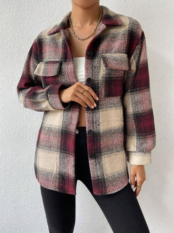 Frenchy Plaid Print Flap Pocket Overcoat Shein