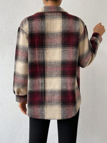 Frenchy Plaid Print Flap Pocket Overcoat Shein