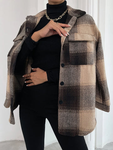 Frenchy Plaid Print Flap Pocket Overcoat Shein