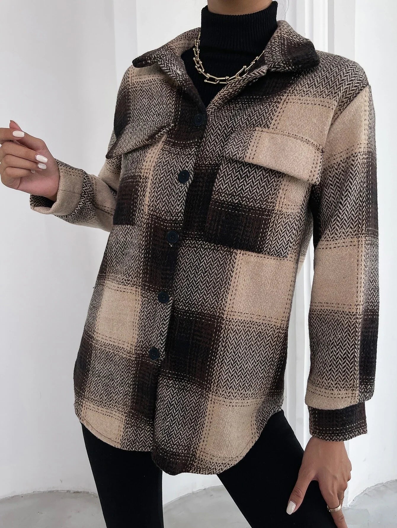 Frenchy Plaid Print Flap Pocket Overcoat Shein