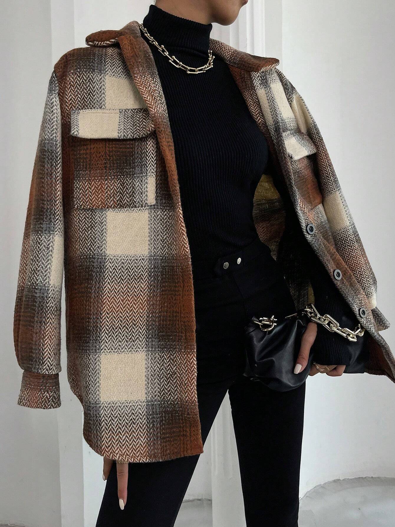 Frenchy Plaid Print Flap Pocket Overcoat Shein