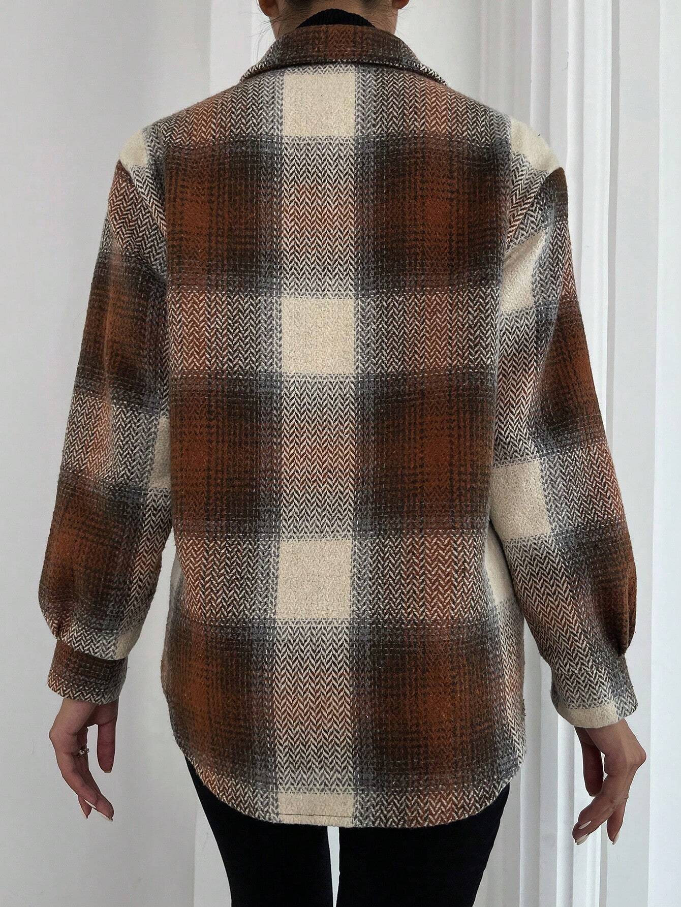 Frenchy Plaid Print Flap Pocket Overcoat Shein