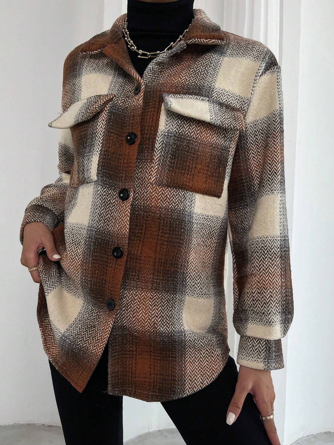 Frenchy Plaid Print Flap Pocket Overcoat Shein