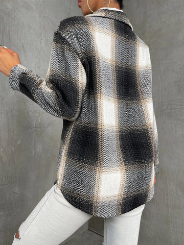 Frenchy Plaid Print Flap Pocket Overcoat Shein