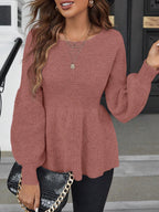 Frenchy Solid Lantern Sleeve Peplum Sweater Shein