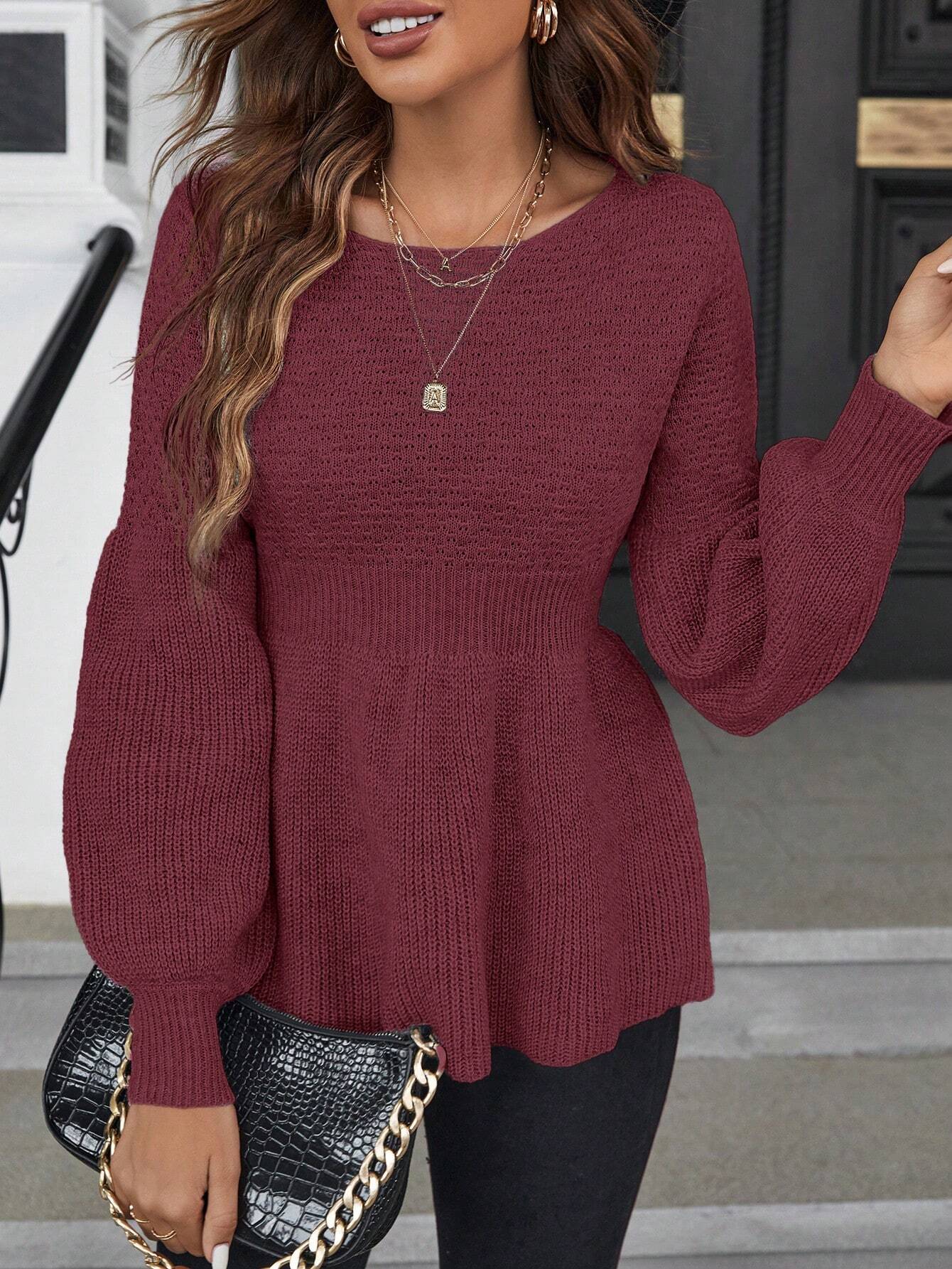 Frenchy Solid Lantern Sleeve Peplum Sweater Shein