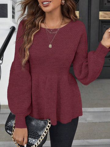 Frenchy Solid Lantern Sleeve Peplum Sweater Shein