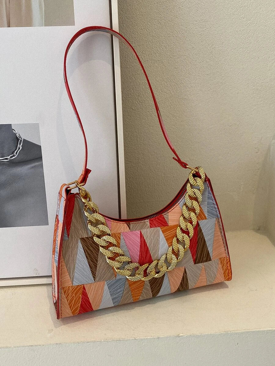 Geometric Pattern Chain Baguette Bag Shein