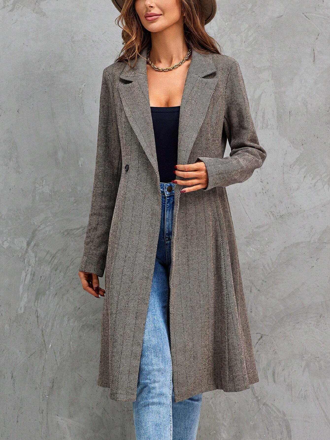 Herringbone Print Lapel Neck Overcoat Without Belt Shein