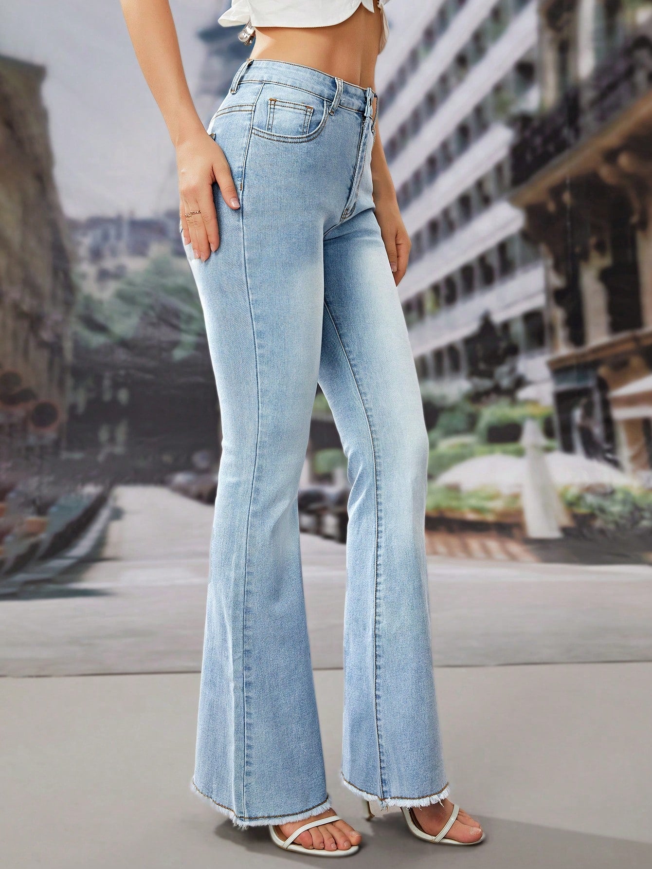 High-rise Raw Hem Flare Jeans Shein