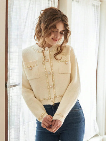 Knit Mix Contrast Stitch Pearls Beaded Crop Cardigan Shein