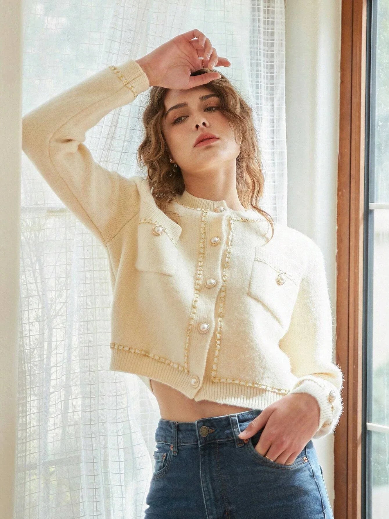 Knit Mix Contrast Stitch Pearls Beaded Crop Cardigan Shein