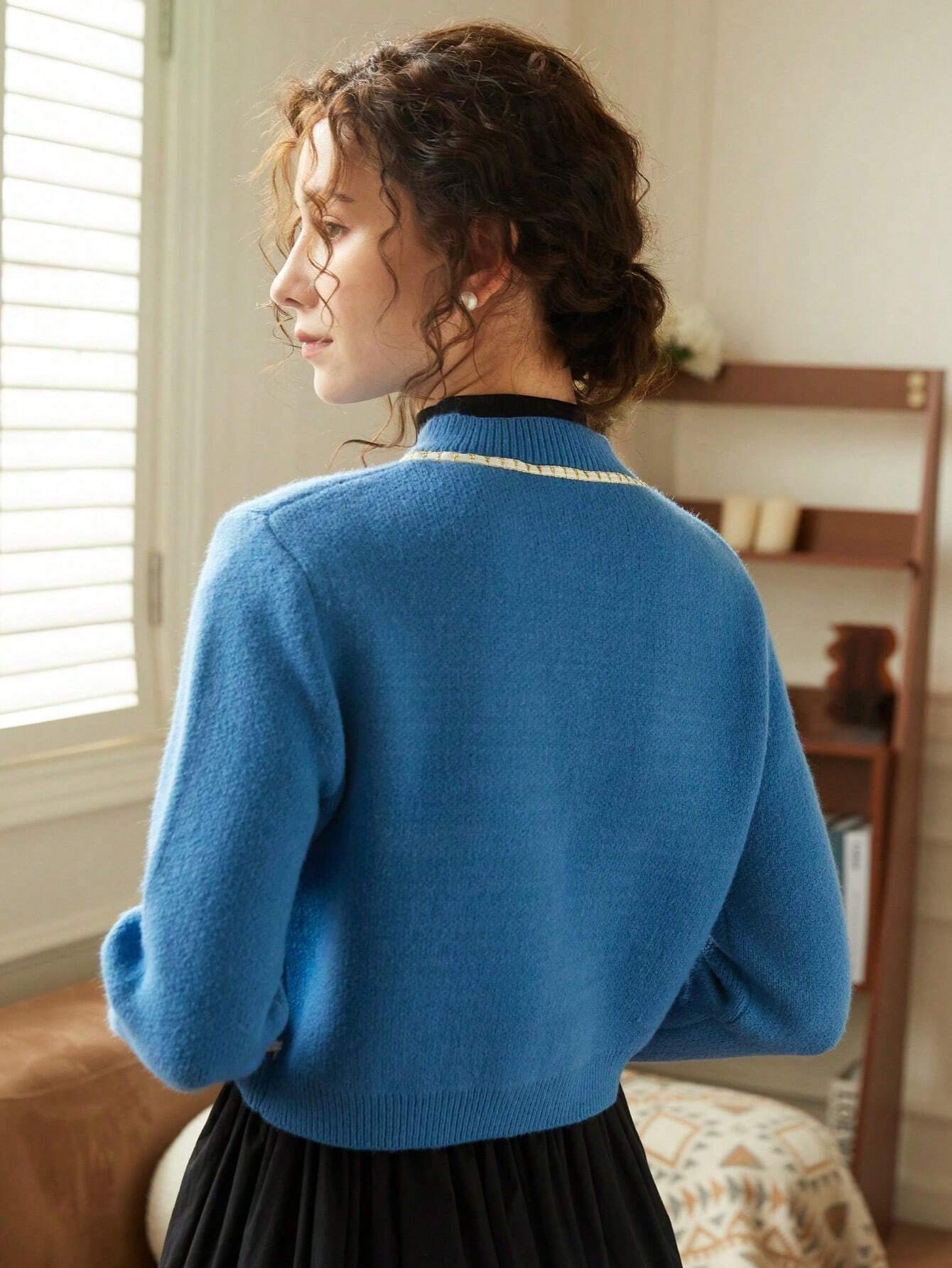 Knit Mix Contrast Stitch Pearls Beaded Crop Cardigan Shein