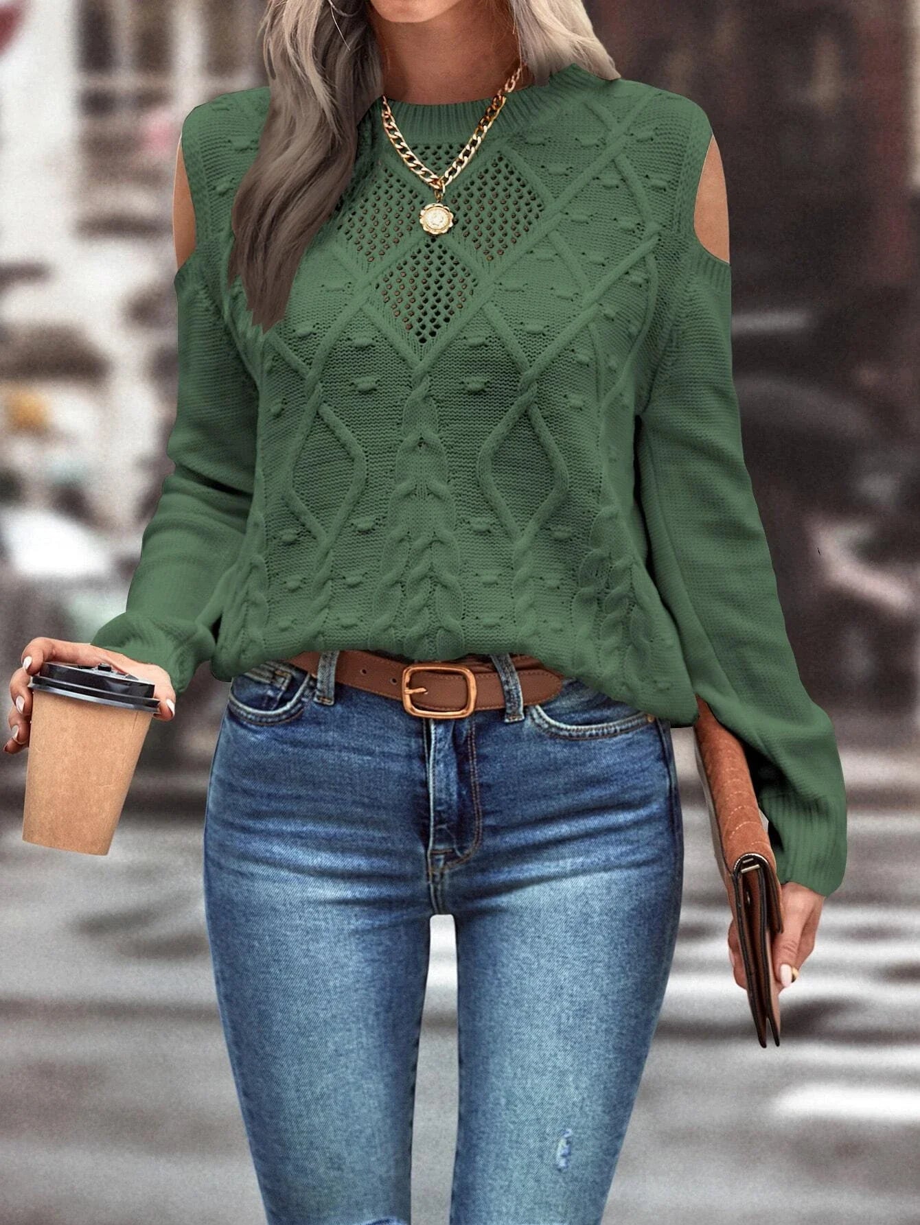 LUNE Cold Shoulder Cable Knit Sweater Shein