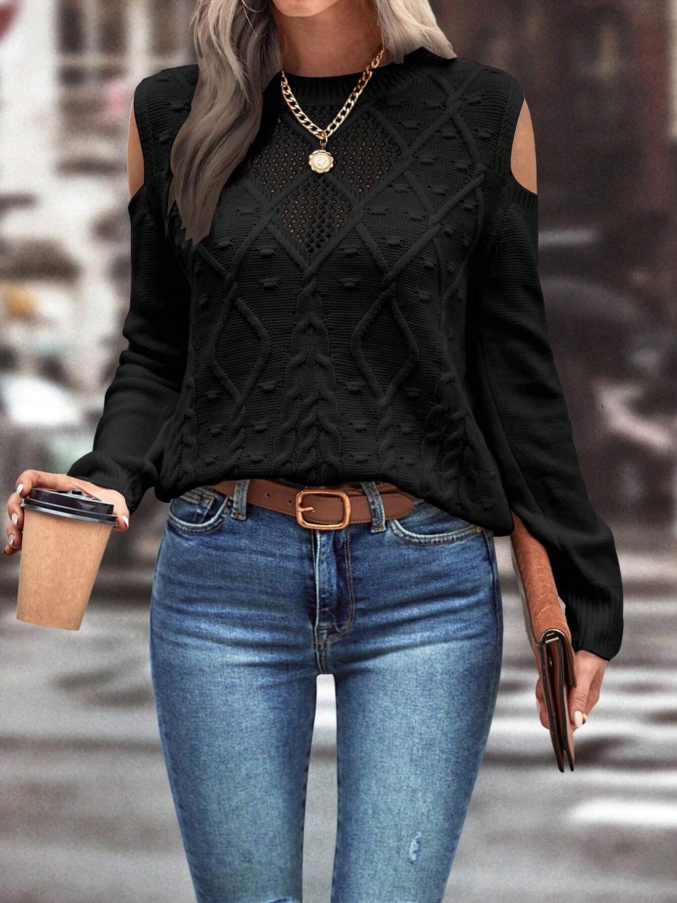 LUNE Cold Shoulder Cable Knit Sweater Shein