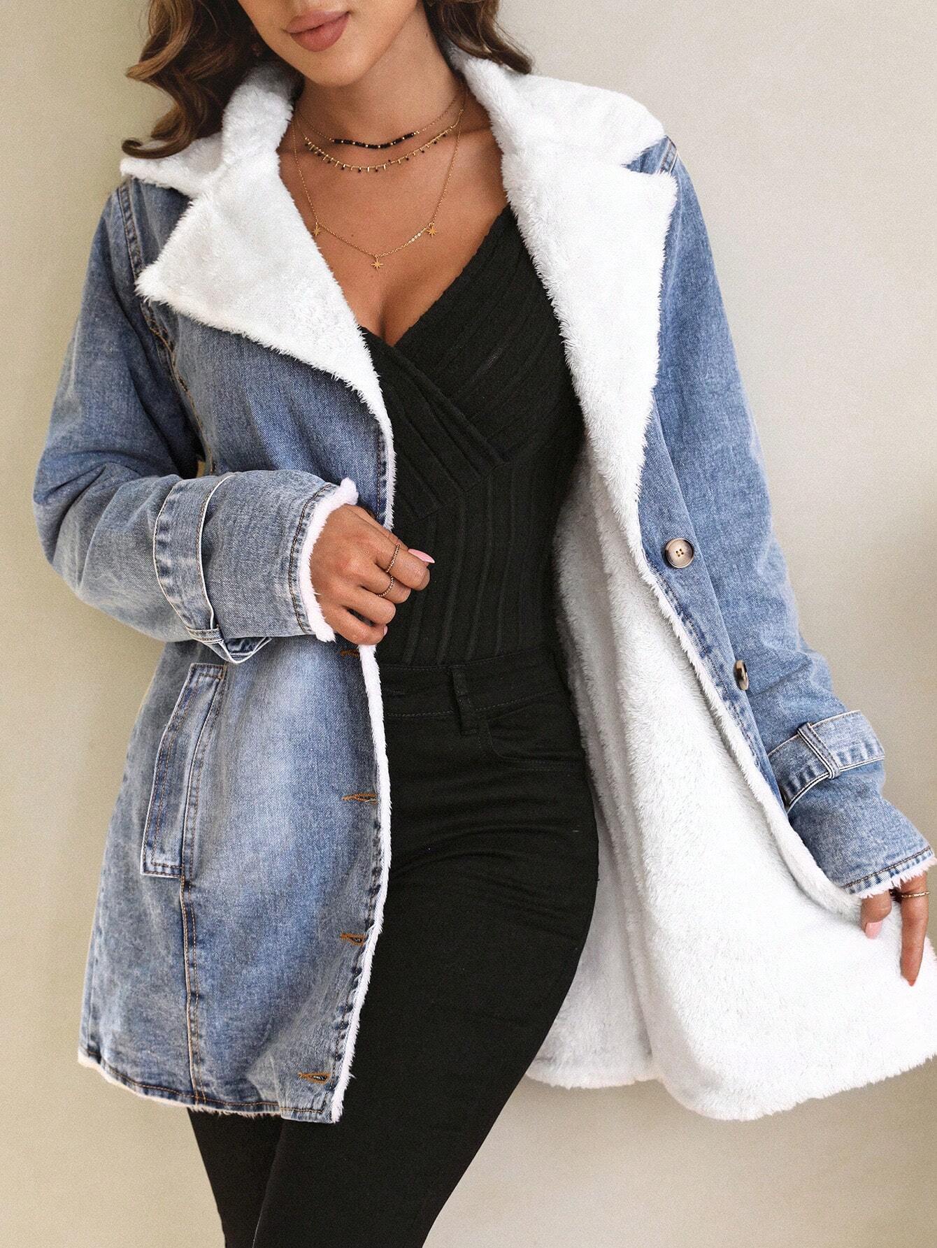 LUNE Lapel Neck Fleece Lined Denim Coat Shein