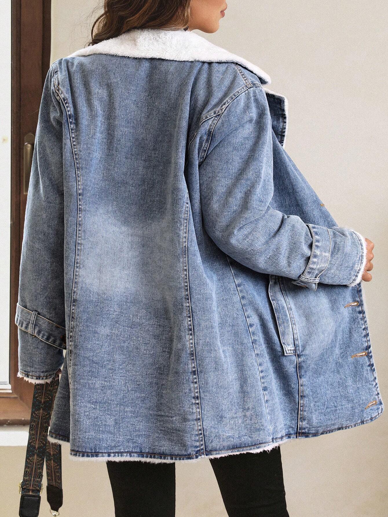 LUNE Lapel Neck Fleece Lined Denim Coat Shein